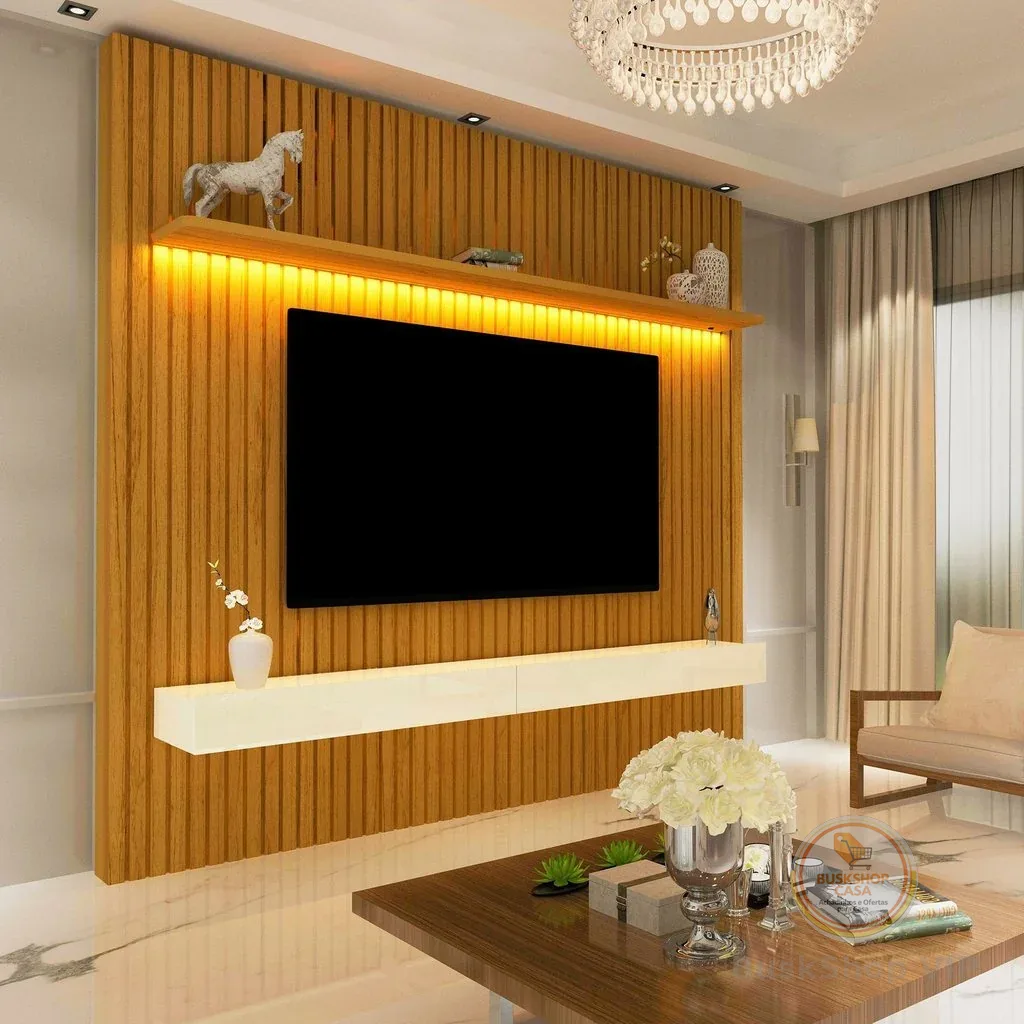 Rack Painel Ripado para TV até 75 Polegadas com LED 100% MDF 184cmx250cm 2 Gavetas Nobre Marrom Naturale/Off White