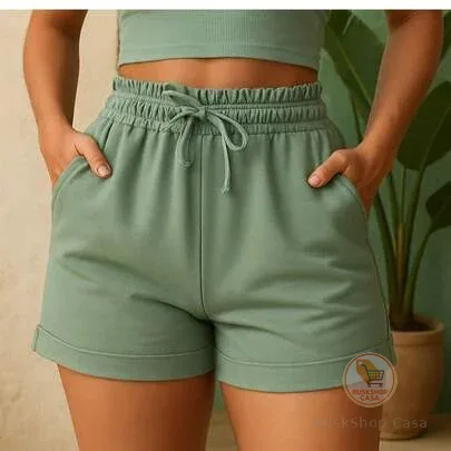 Shorts de Moletom Feminino Short com Bolso Básico Moletinho Cintura Alta Bermuda Feminina Verde Preto Branco Marrom Bege