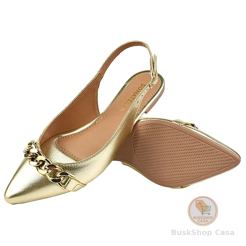 Sapatilha Sandália Feminina Corrente Confort Bico Fino Macia Novo Promoção Oferta Metalizada
