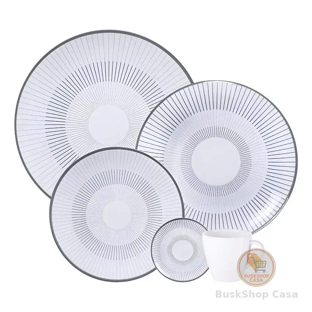Aparelho De Jantar Tramontina Griz Porcelana Decorada 20 Peças Branco Com Cinza Liso