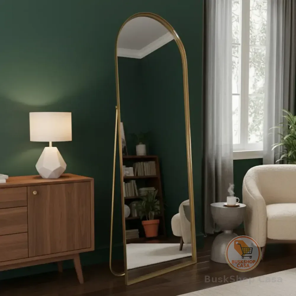 Espelho De Chão Base Reta Corpo Inteiro Com Moldura E Suporte Dourado 146x36cm