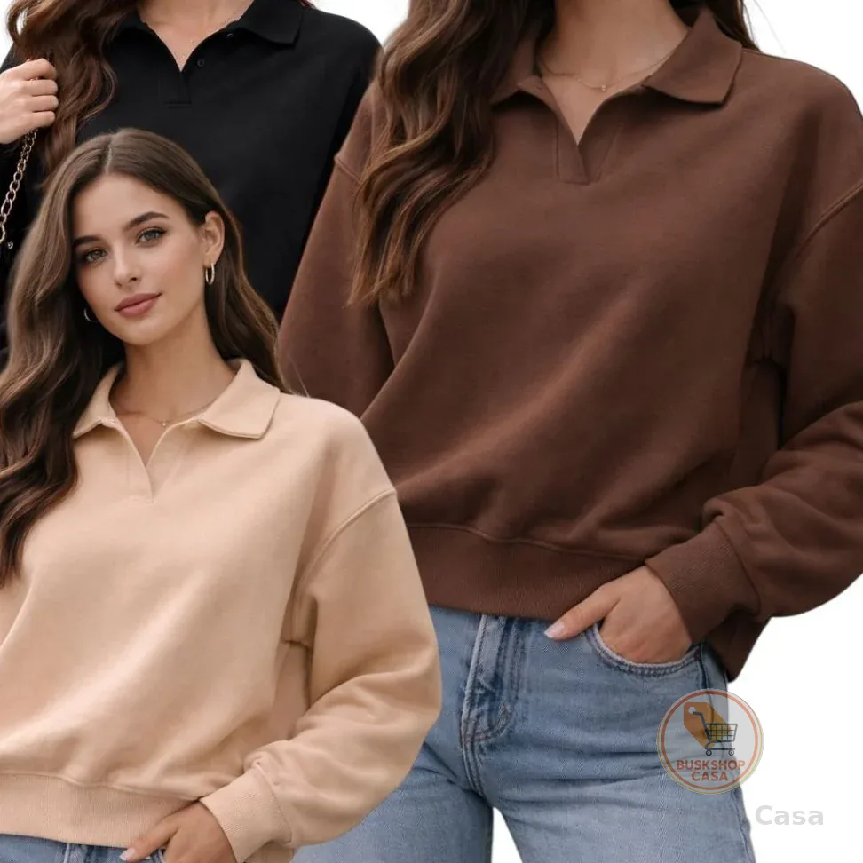 Moletom Feminino Oversized Gola Polo Premium Casual Chic Confortável Manga Longa Moda Inverno