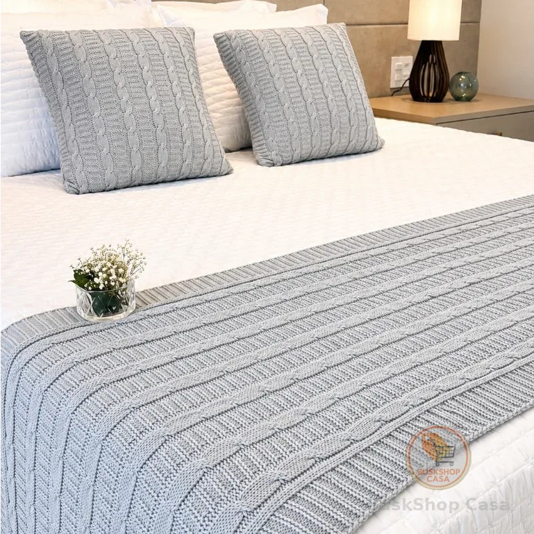 Kit Peseira Cama Casal Queen King Manta de Tricot + 2 Capas de Almofada Para Cama Sofá Decoração FI