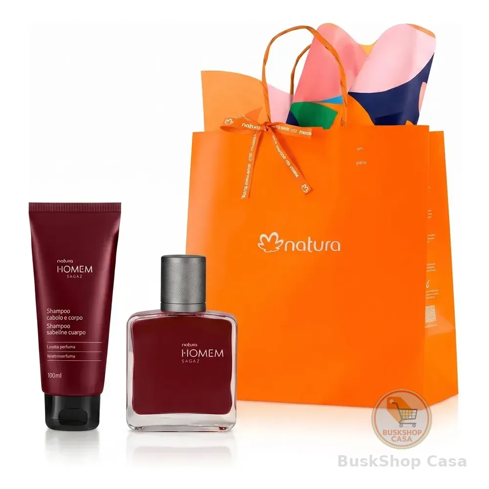 Kit Presente Natura Homem Sagaz: Deo Parfum Miniatura 25ml + Shampoo Cabelo, Barba E Corpo 100ml + Sacola Presente P