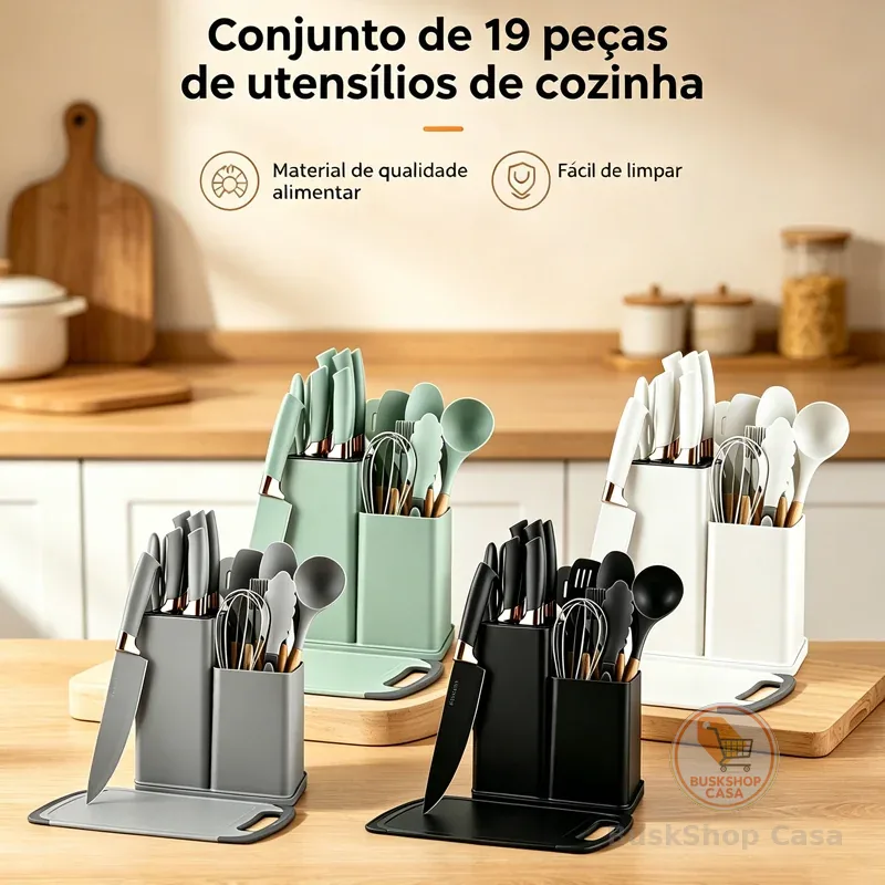 Kit 19/12/6 Peças Jogo de Utensílios Para Cozinha em Silicone Com Cabo de Madeira Completo
