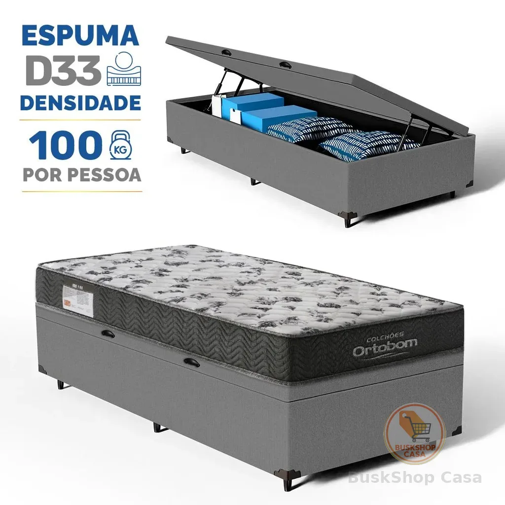 Cama Box Baú com Colchão Ortobom de Espuma D33 ISO 100 Solteiro 78cm