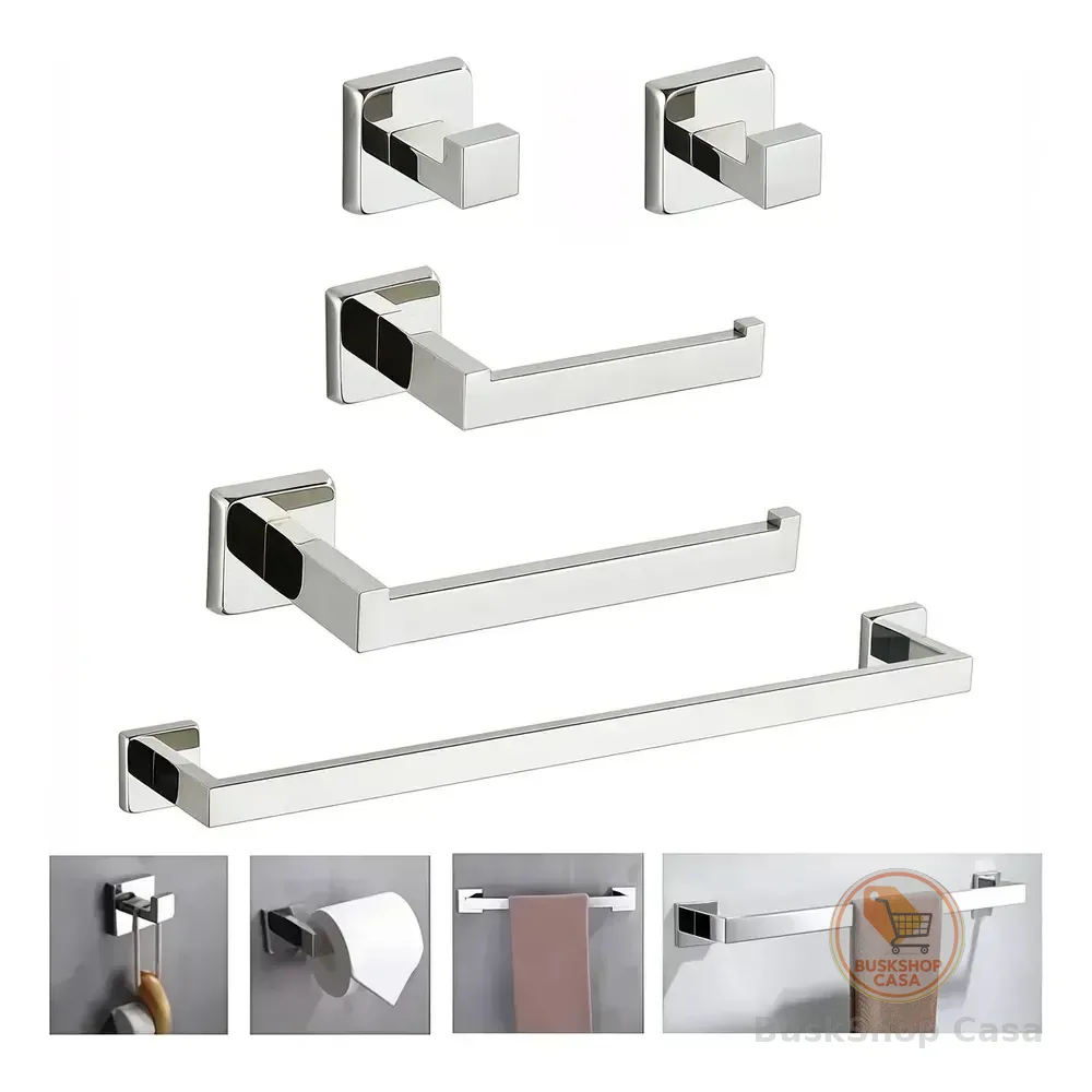 Kit de Acessórios para Banheiro de 5 Peças em Aço Inoxidável Prateado