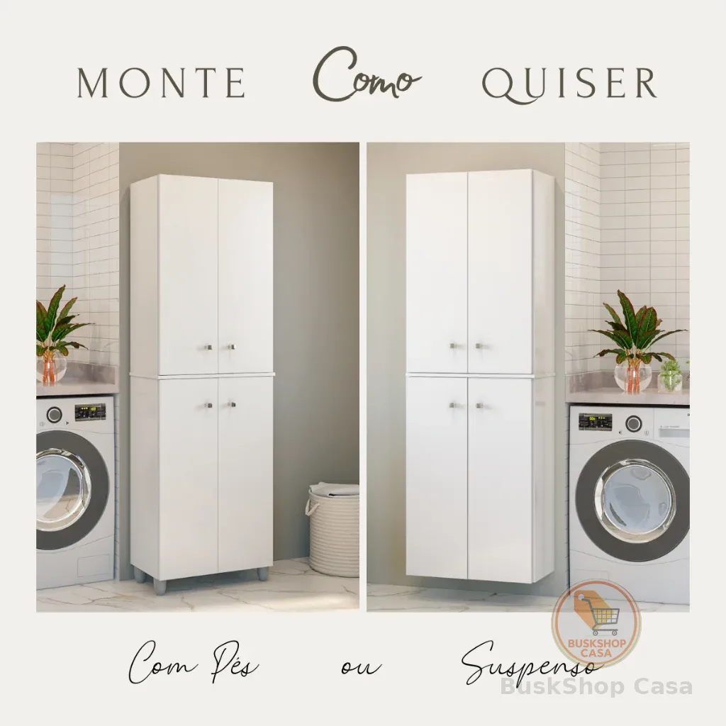 Armário Multiuso Parede 4 Portas 184cm | Suspenso ou com Pés | Lavanderia/Cozinha