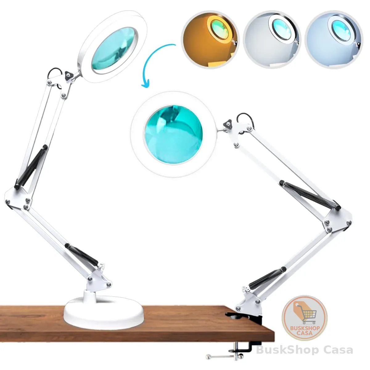 Luminaria Led Ring Light de Mesa Articulavel Abajur C/Garra Controle Intensidade Lupa Aumento Branca