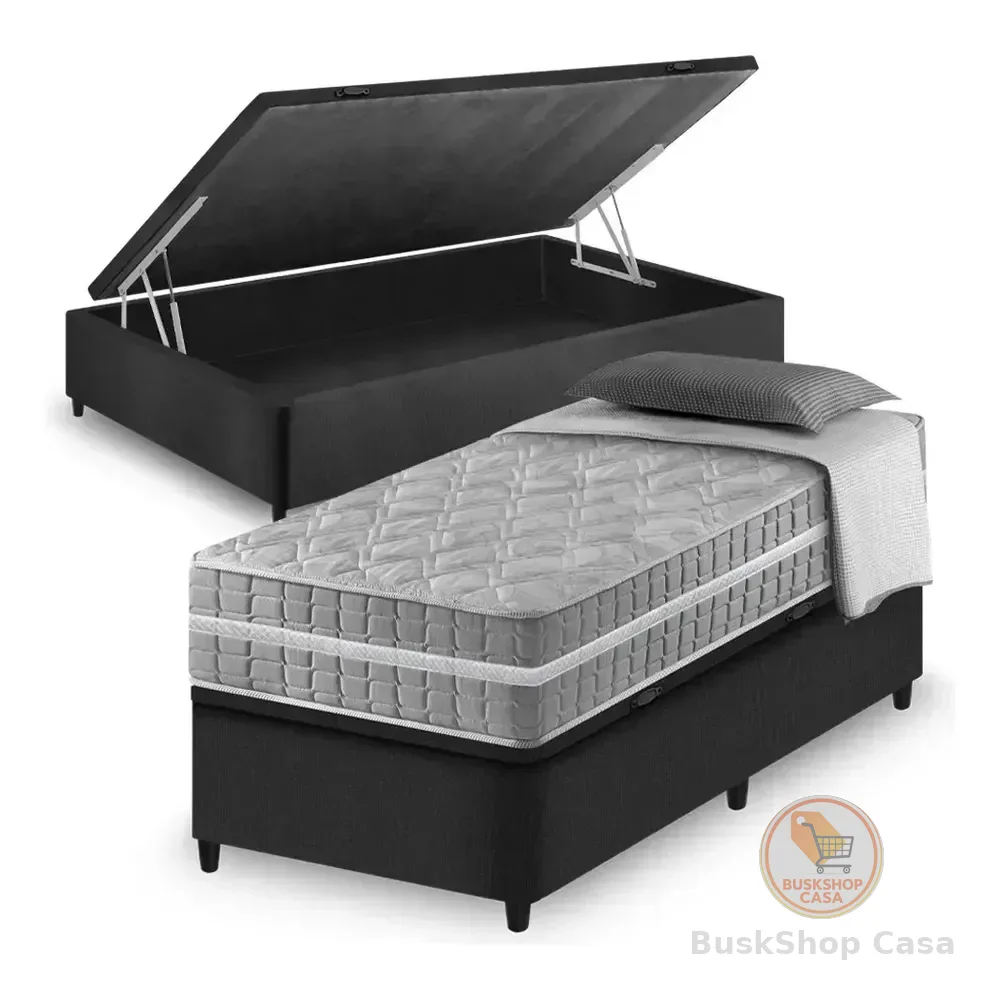 Cama Box Com Baú Preta Solteiro King + Colchão Alabama 96cm Preto