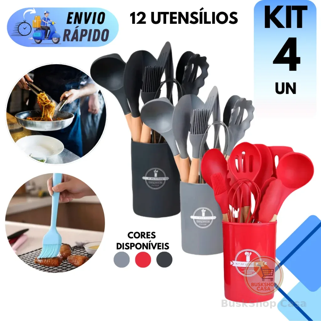 KIT 4 JOGO COMPLETO  DE UTENSÍLIOS SILICONE PARA COZINHA CABO DE MADEIRA DE PREMIUM  ANTIADERENTE NÃO RISCA