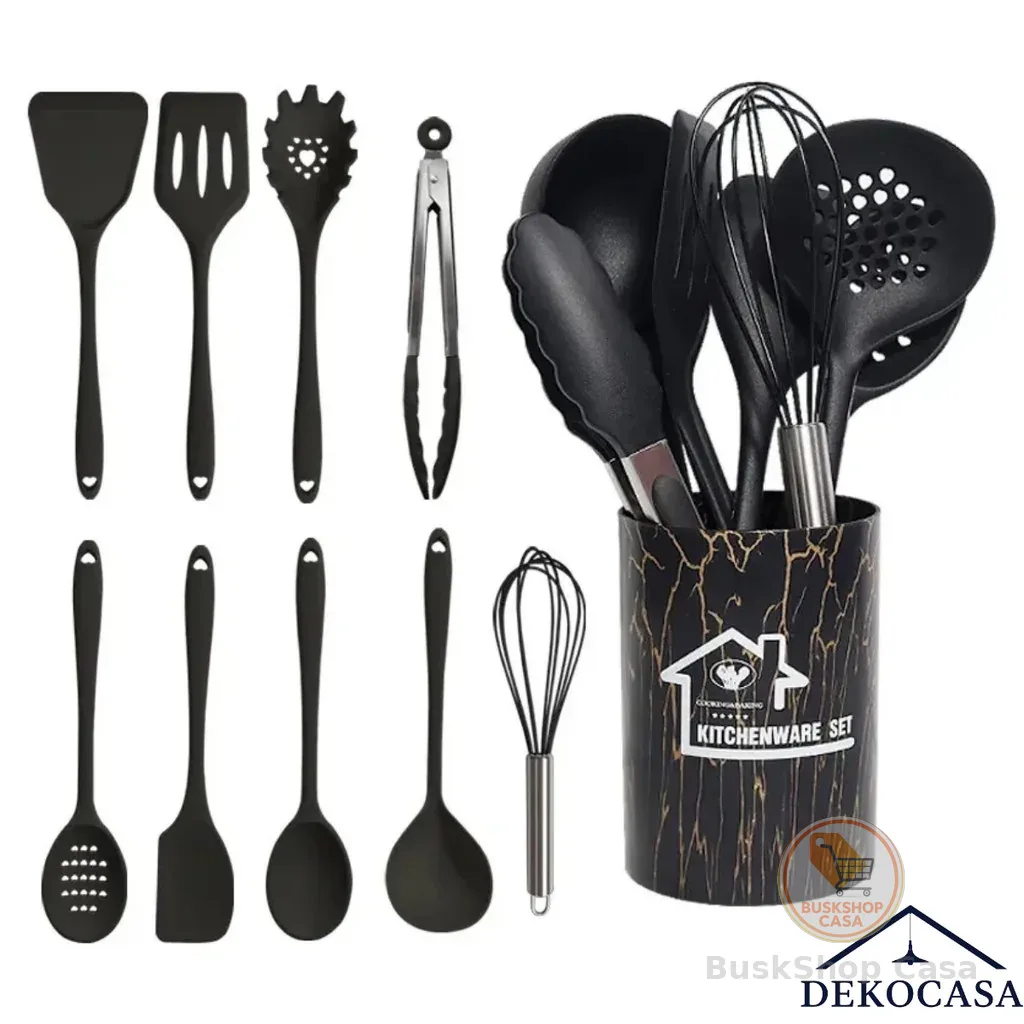 Kit 18 Utensílios Cozinha Silicone Preto Cabo Silicone Antiaderente Luxo Sofisticado Completo