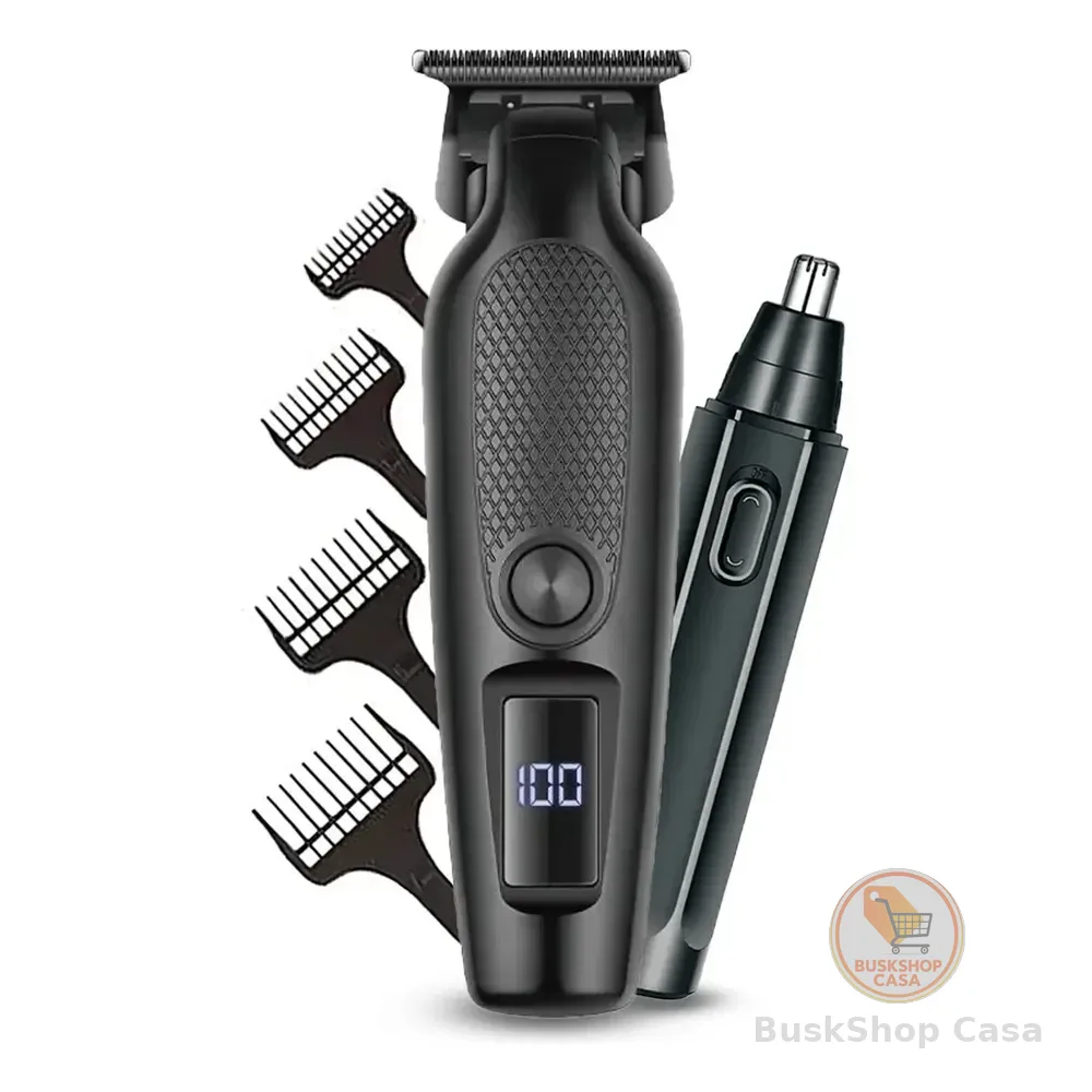 Máquina De Corte Acabamento Com Visor Led Profissional + Brinde Cabelo Pelo Barbear Trimmer Maquininha Detalhes Sem Fio Preto 127/220v