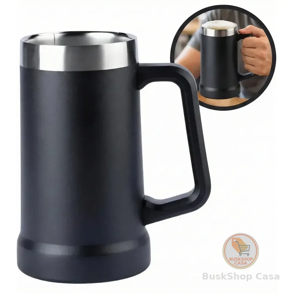 Caneca Térmica Sayonara De Aço Inox 720 Ml, Com Alça, Parede Dupla E Ideal Para Cerveja E Chopp Preto Lisa