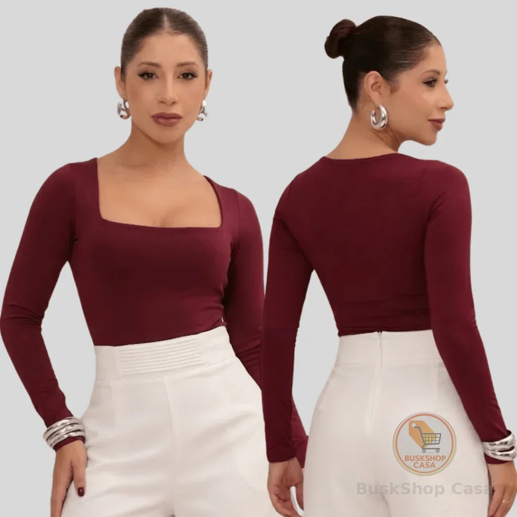 Body Feminino Manga Longa Básico Suplex Premium Forro Duplo Decote Quadrado