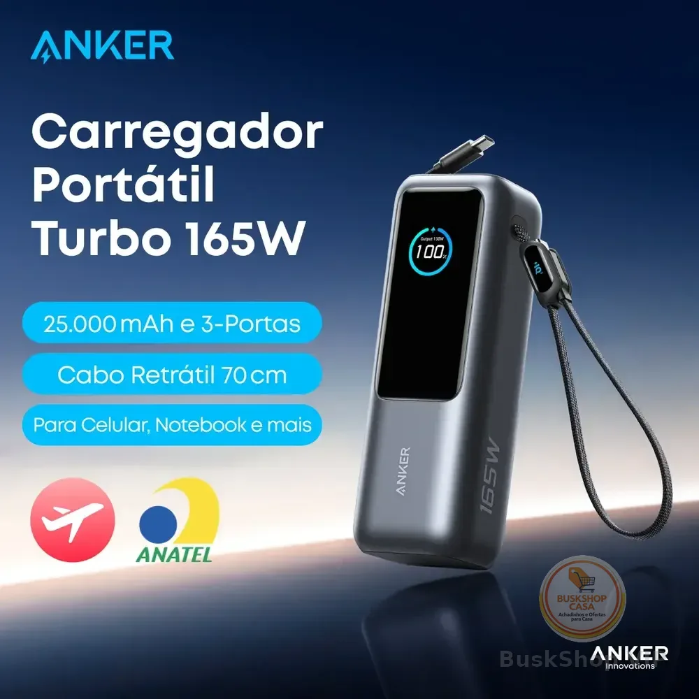 Carregador Portátil Power Bank Anker 25000mah 165w Cor Preto Carga Turbo Rápida Com 4 Portas E 2 Cabos Usb-c Integrados, Tela Digital Compatível Com Notebook, Macbook, iPhone, Samsung E AirPods