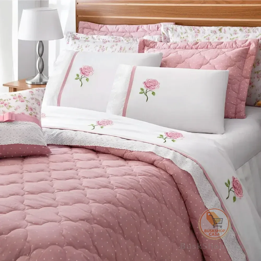 Kit Cobre Leito 07 Peças Queen Athena 180 Fios Rosa Athena