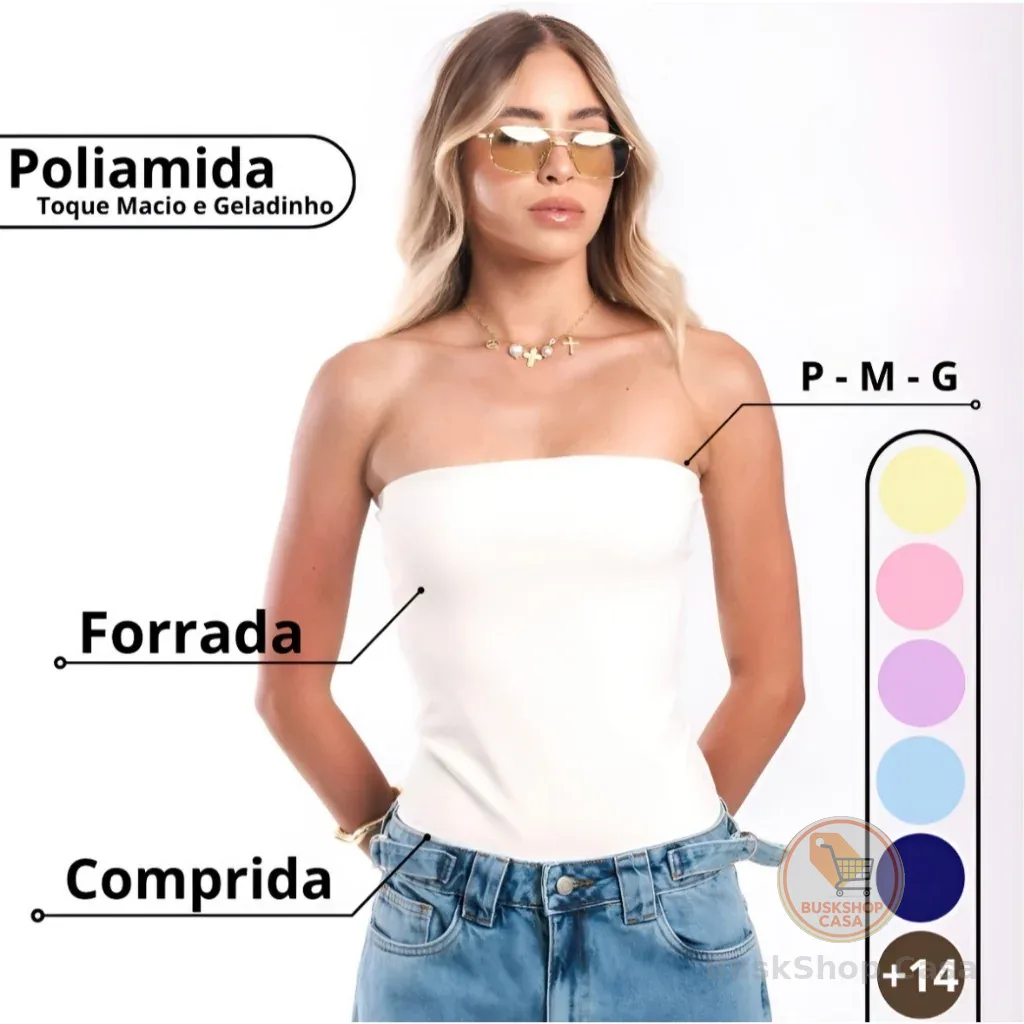 Top Tube De Poliamida Cropped Básico Feminino Tomara que Caia Comprido Tubinho Forro Duplo Sem Bojo