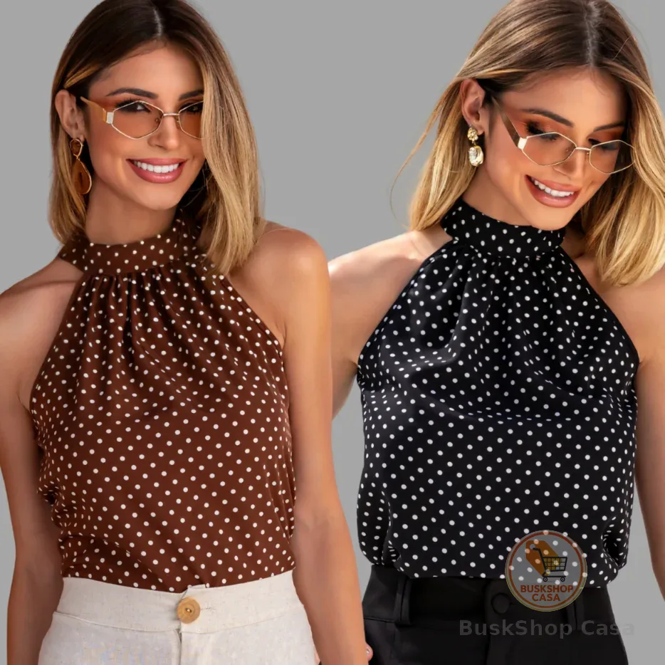 KIT 2 Blusas Femininas Regata Cava Americana Poá Bolinha Elegante Moda Verão Casual