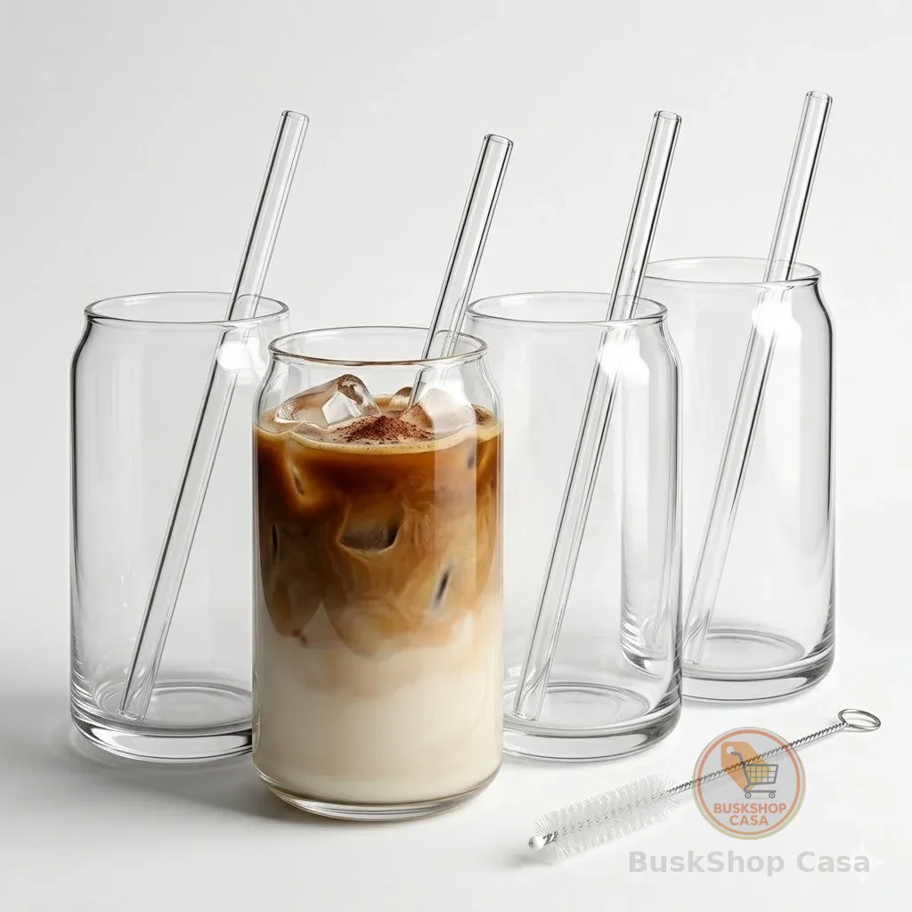 Kit 4 Copos Lata de Vidro 470ml + 4 Canudos de Vidro + Escova de Limpeza
