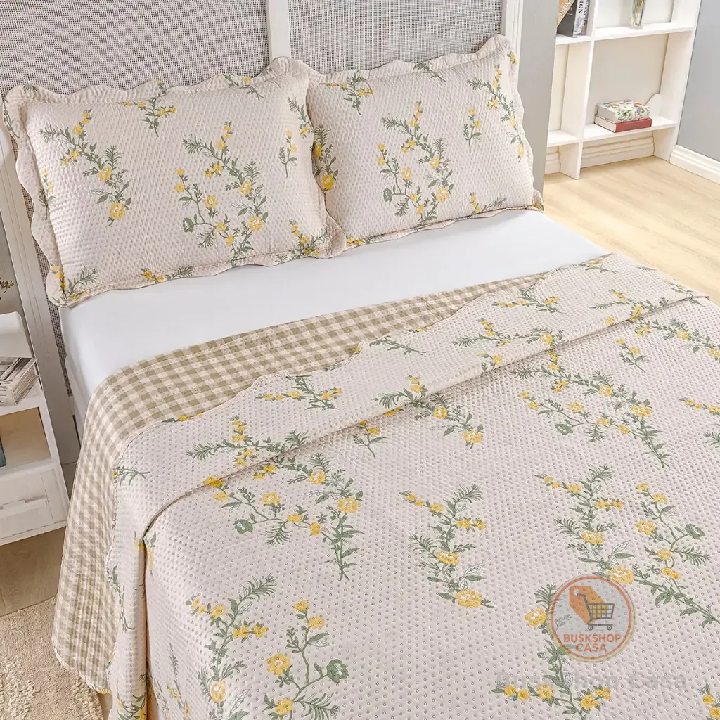 Kit Cobre Leito Colcha Casal Bouti 3 Peças Dupla Face Estampada Porta Travesseiro Aba Americana