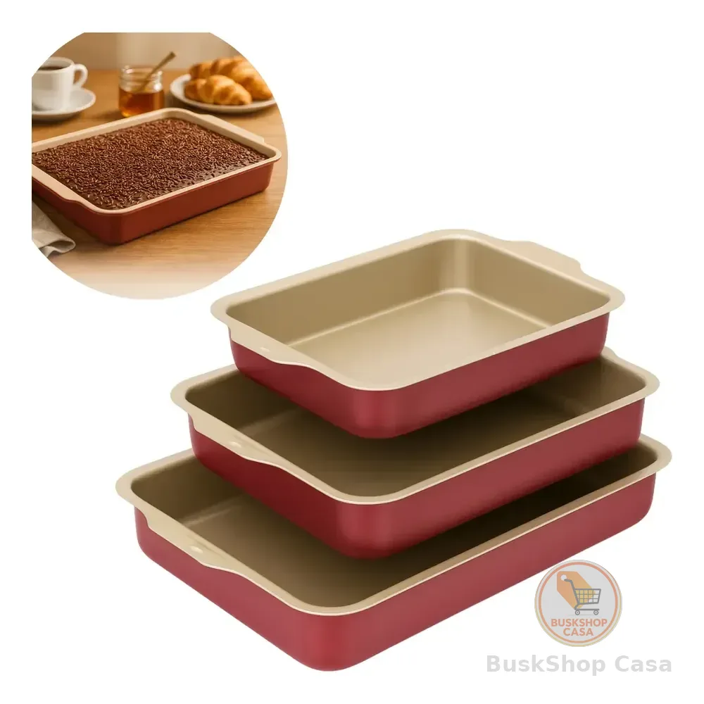 Conjunto Assadeiras Alta Antiaderente Retangular 1 A 3 Cereja Com Bege