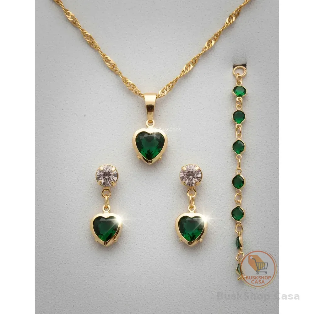 Corrente Feminina+ Pulseira+ Brinco Folheado A Ouro Promoção Verde