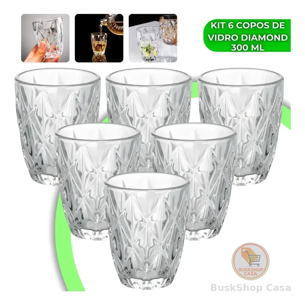 Jogo 6 Copos Diamond 300ml Vidro Grosso Diamante Luxo Moderno Resistente Buffet Casual Baixos Transparente