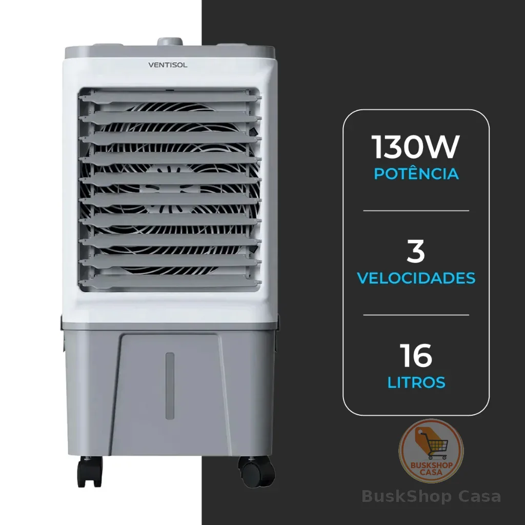 Climatizador de Ar Frio Portátil Ventisol 16L 130W Ventila Umidifica Filtra Climatiza Silencioso Econômico