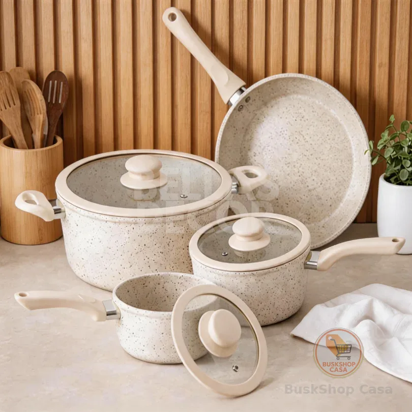 Kit Jogo Panelas 4 Peças Revestimento Cerâmica Marmorizado Creme Antiaderente Premium Tampas Vidro Organização Cozinha