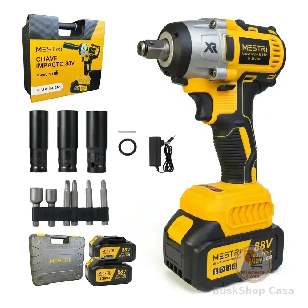 Chave De Impacto A Bateria Profissional Recarregável 88v 4ah Brushless Parafusadeira Furadeira Alta Potência Sem Escova 2 Baterias Mestri M-88v Amarelo E Preto 127/220v