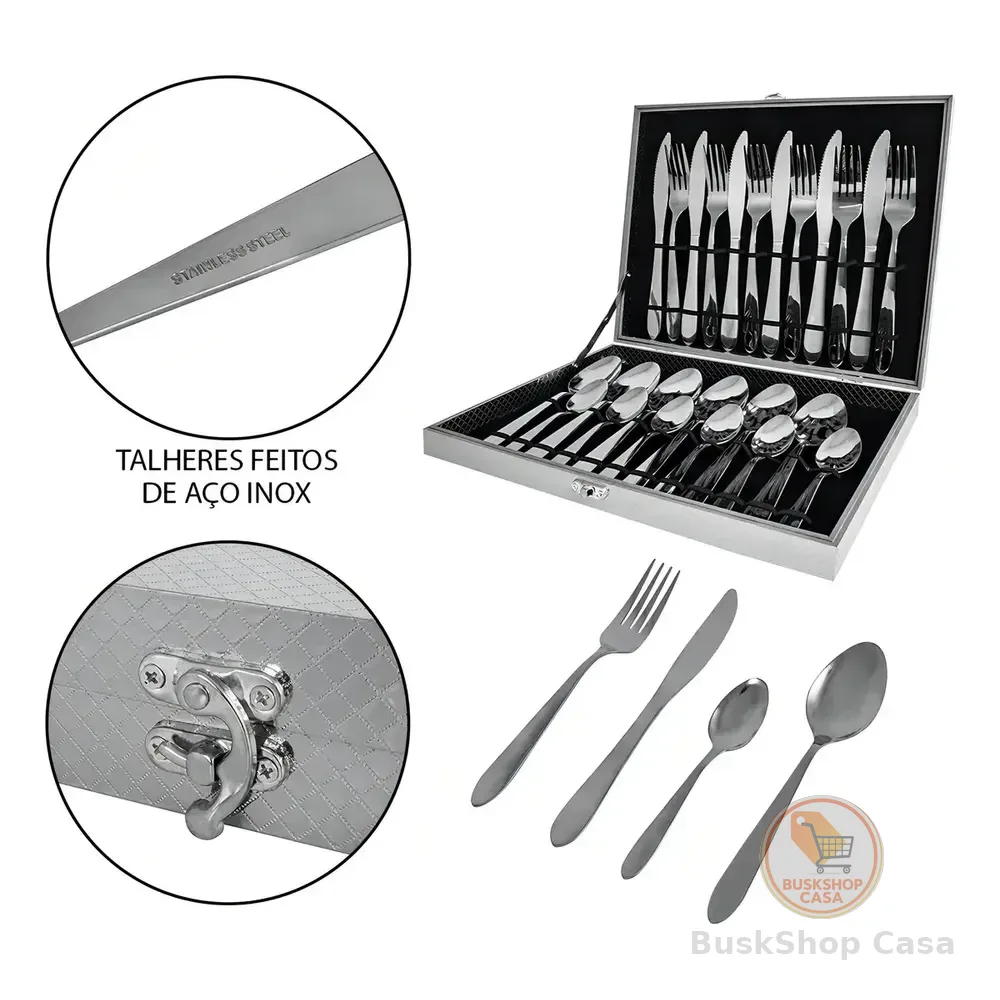 Jogo Talheres 24 Peças Faqueiro Premium Com Maleta Prateado Alira Home