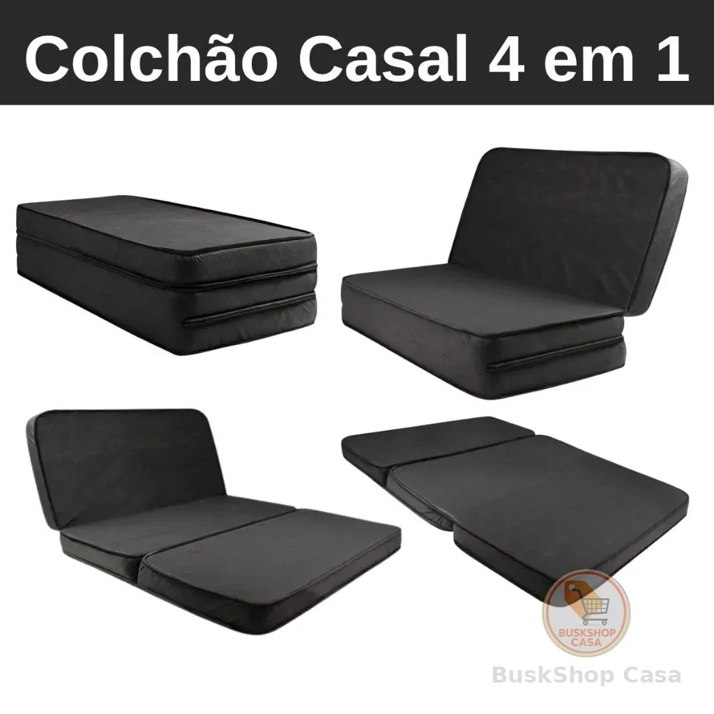 Colchão Dobrável de Casal Sofá Cama Puff Conforto Descanso Leve Densidade 28 Preto 100% de Espumas Prático e Moderno