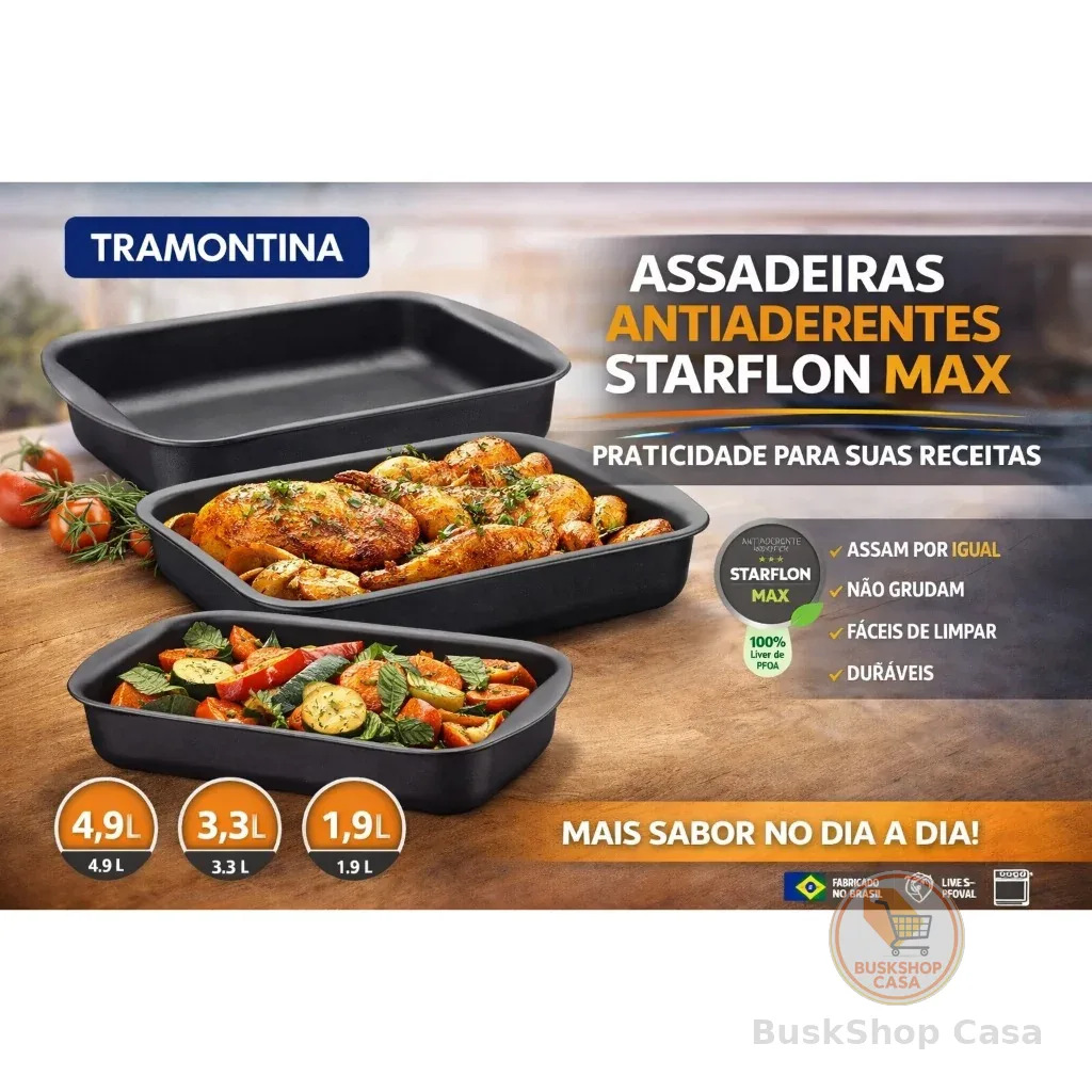 Jogo de Assadeiras Brasil Alumínio Revestimento Antiaderente Starflon Max Grafite 3 Peças Tramontina