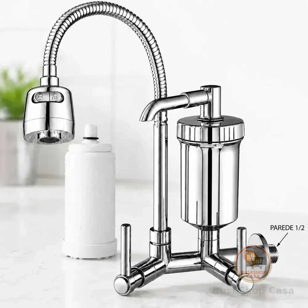 Torneira Com Filtro Com Purificador Agua Bica Flexível Gourmet Para Cozinha Parede Luxo Chuveirinho 2 Modos De Jatos A Mais Vendida Prateado