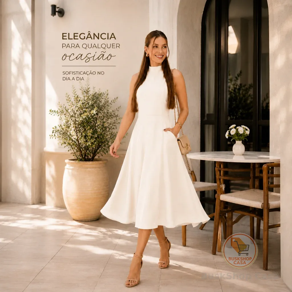 Vestido Feminino Midi Elegante Gola alta Ziper nas Costas Linho Misto