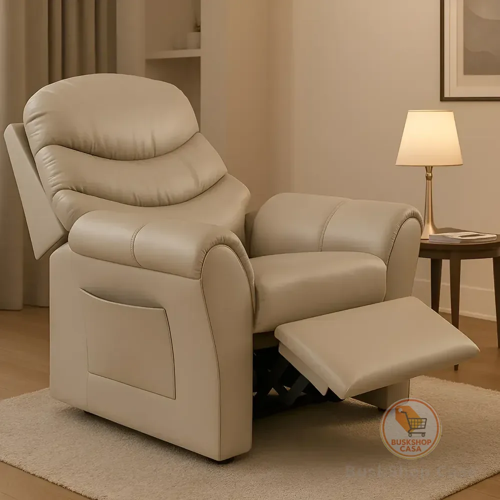 Poltrona Cadeira Do Papai Com Encosto Macio Reclinável E Retrátil Revestido Em Corino Para Sala De Descanso E Amamentação Cor Bege