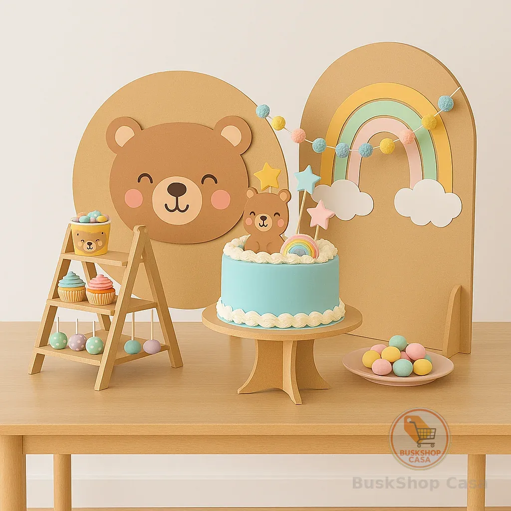 Kit Mini Festa Mesa Painel Redondo Mdf + Arco Romano + Boleira + Escadinha Porta Doce Lembrancinha