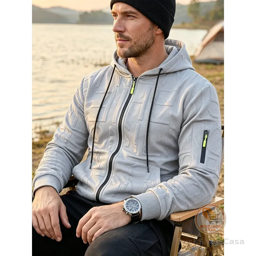 Jaqueta Masculina Acolchoada Com Capuz Zíper E Bolsos Gray 2xl