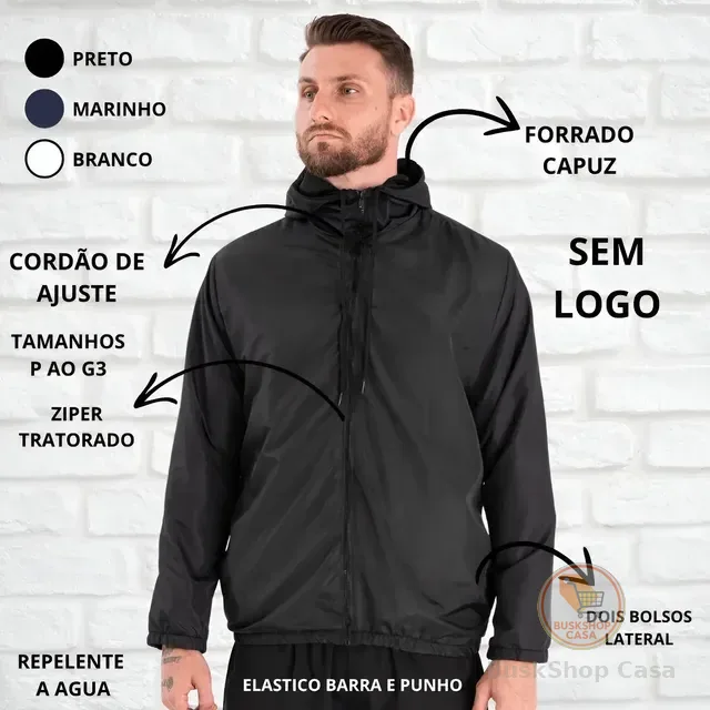 Jaqueta Corta Vento Liso Unissex Esportivo Capuz E Bolsos
