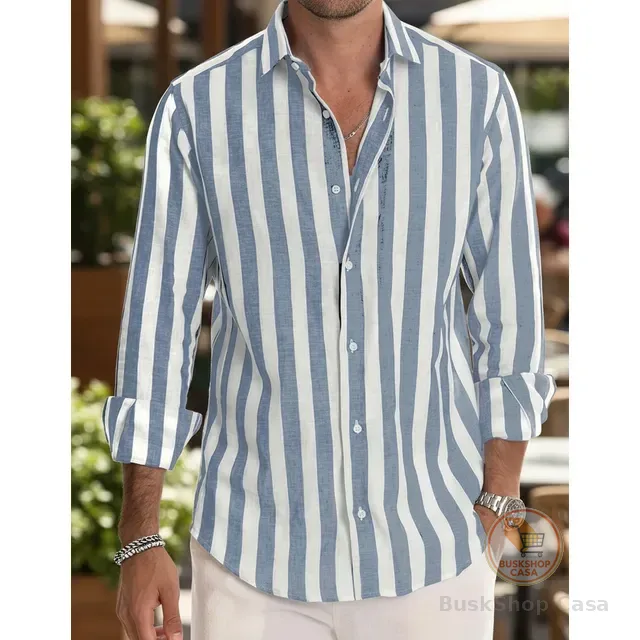 Camisa Masculina De Manga Comprida Com Botões E Listrada