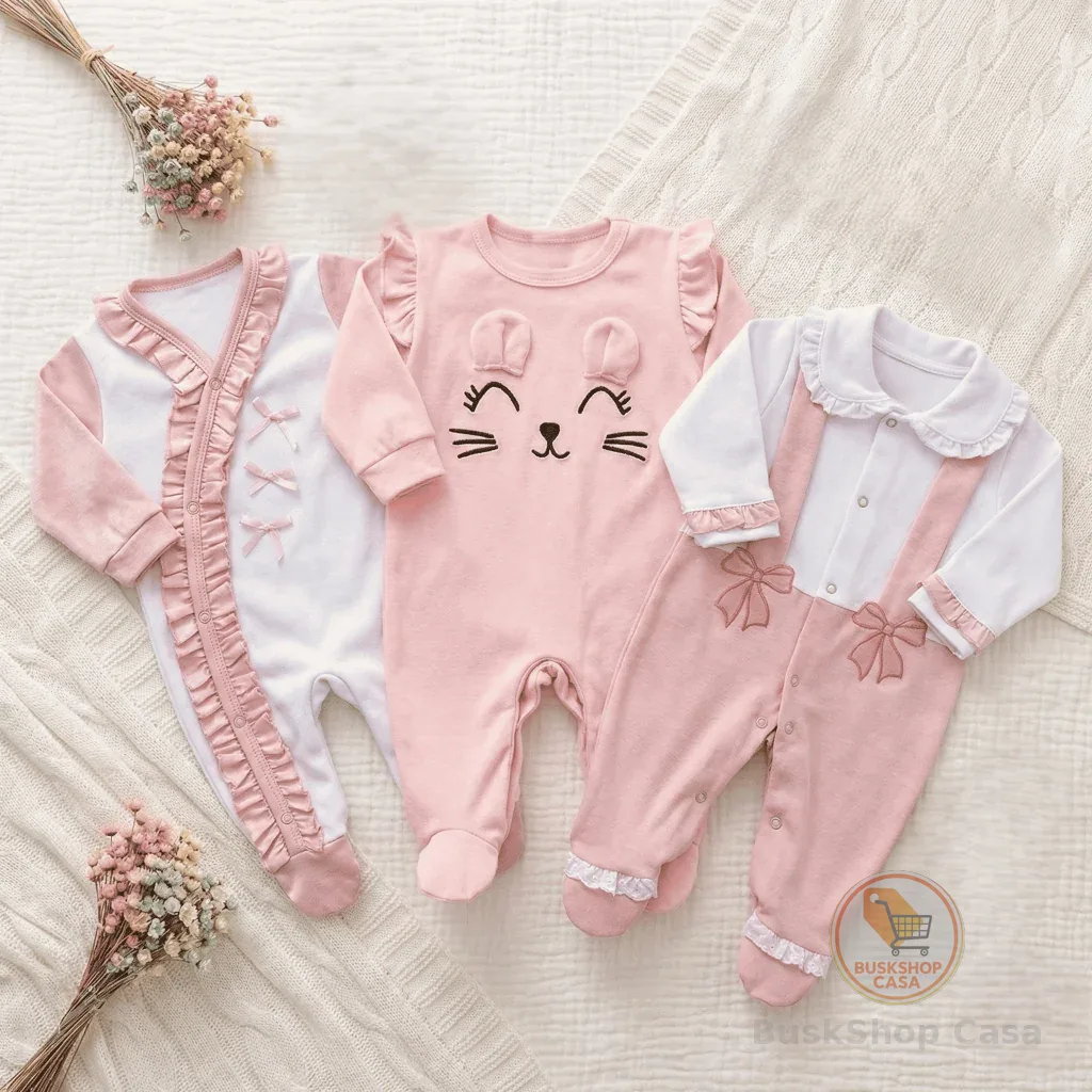 Kit macacões bebê menina 3 peças em algodão Eloá