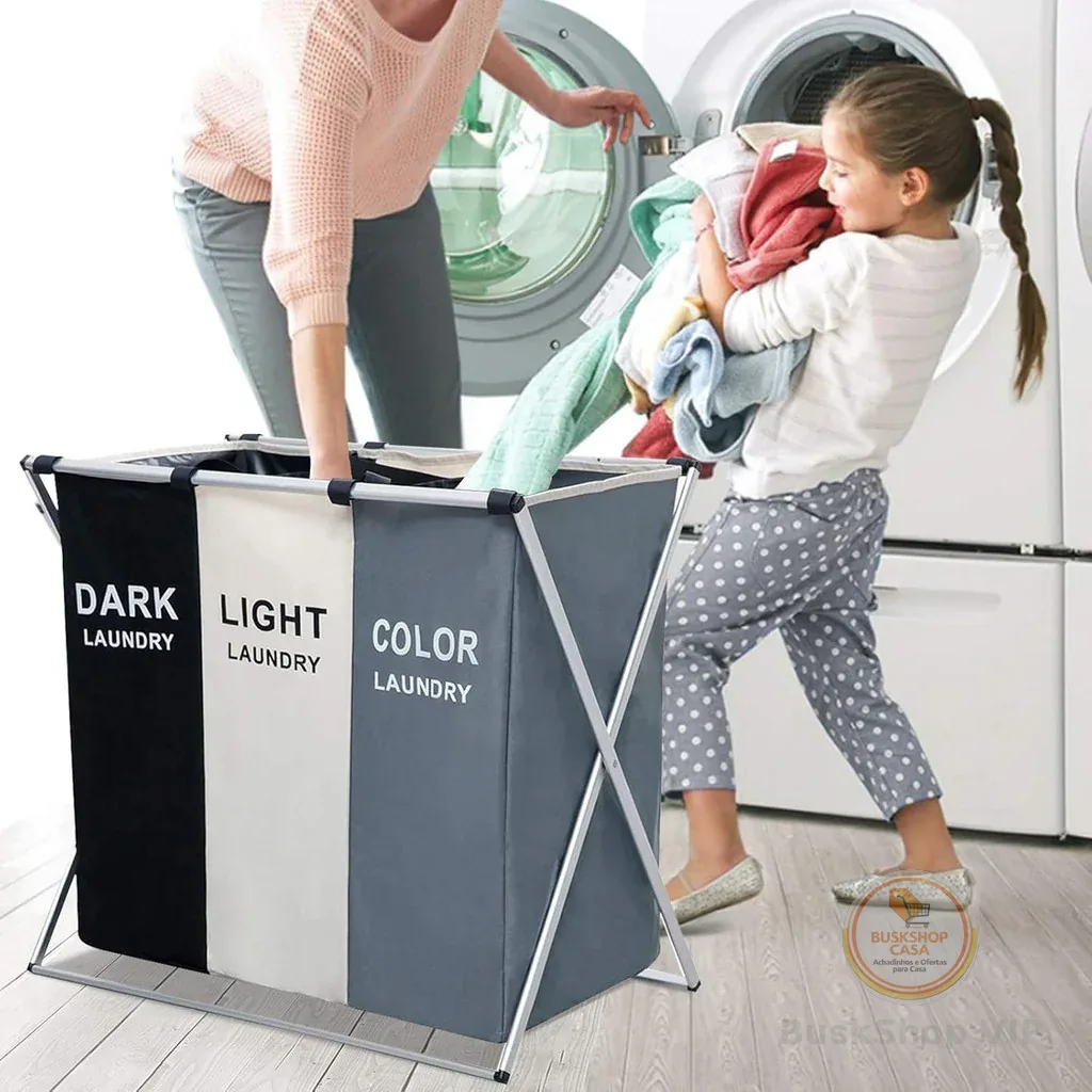 Cesto De Roupa Suja Dobrável Organizador 3 Compartimentos