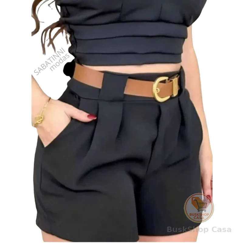 Shorts Tendencia Alfaiataria Com Cinto De Couro Modelo Social Short