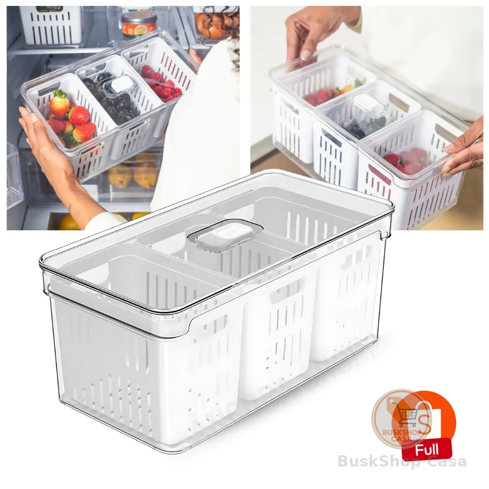 Organizador de Geladeira 5L com 3 Cestos Ou Natural Tampa Porta Frutas Legumes Vegetais Clear Fresh