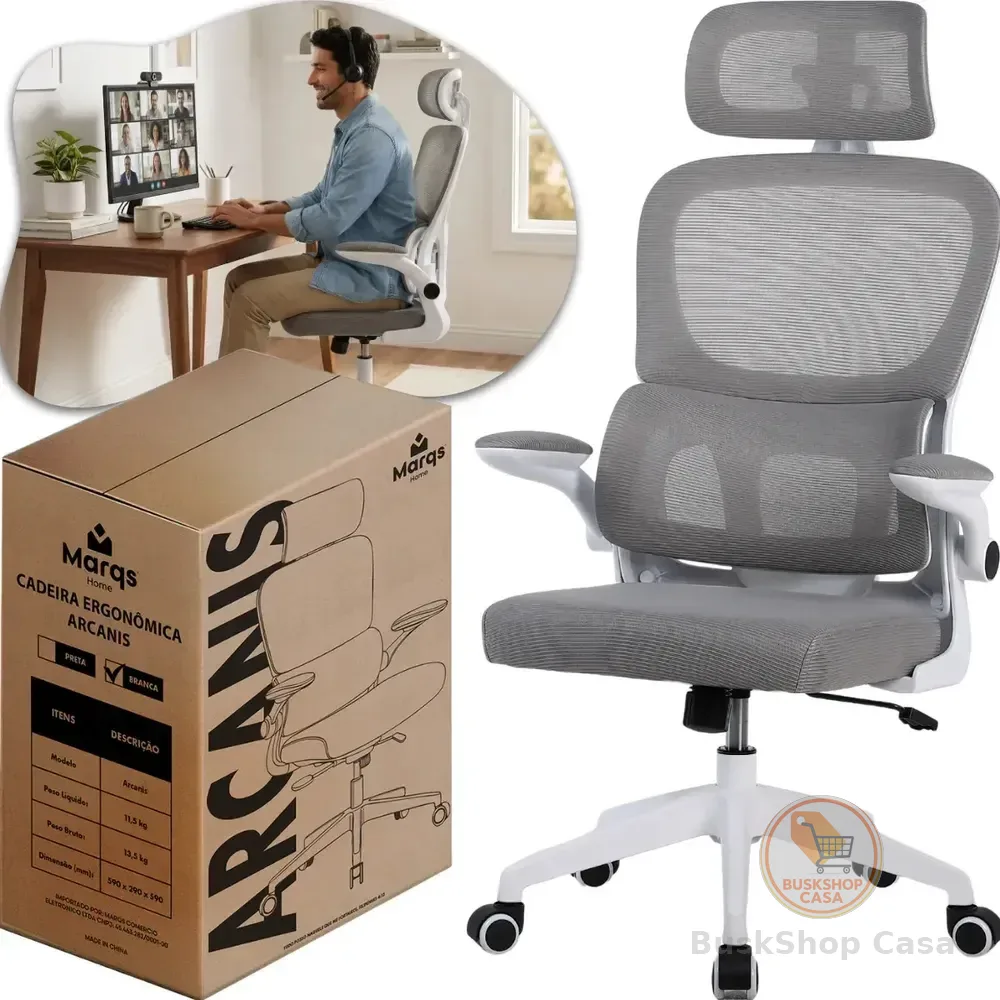 Cadeira Escritório Presidente Ergonômica Nr17 Marqs Home Arcanis Cinza Com Apoio Lombar E Encosto Mesh Premium Malha