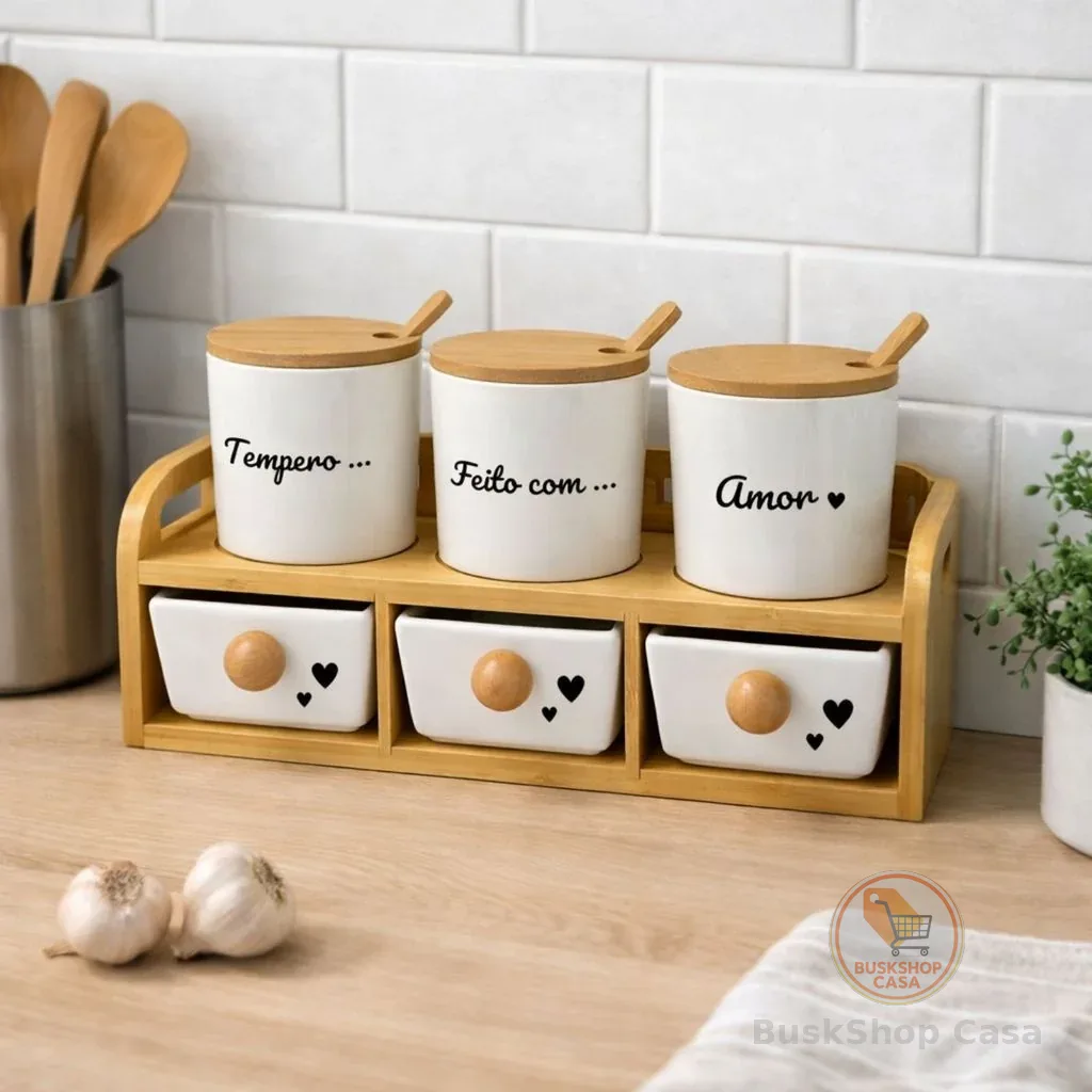 Kit Porta Temperos 3 Potes de Cerâmica com Tampa e Colher de Bambu + 3 Gavetas Organizadoras | Suporte de Bambu Cozinha