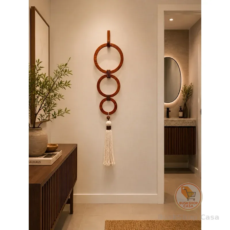 Colar de parede madeira 3 elos decorativo franja grande argola grande