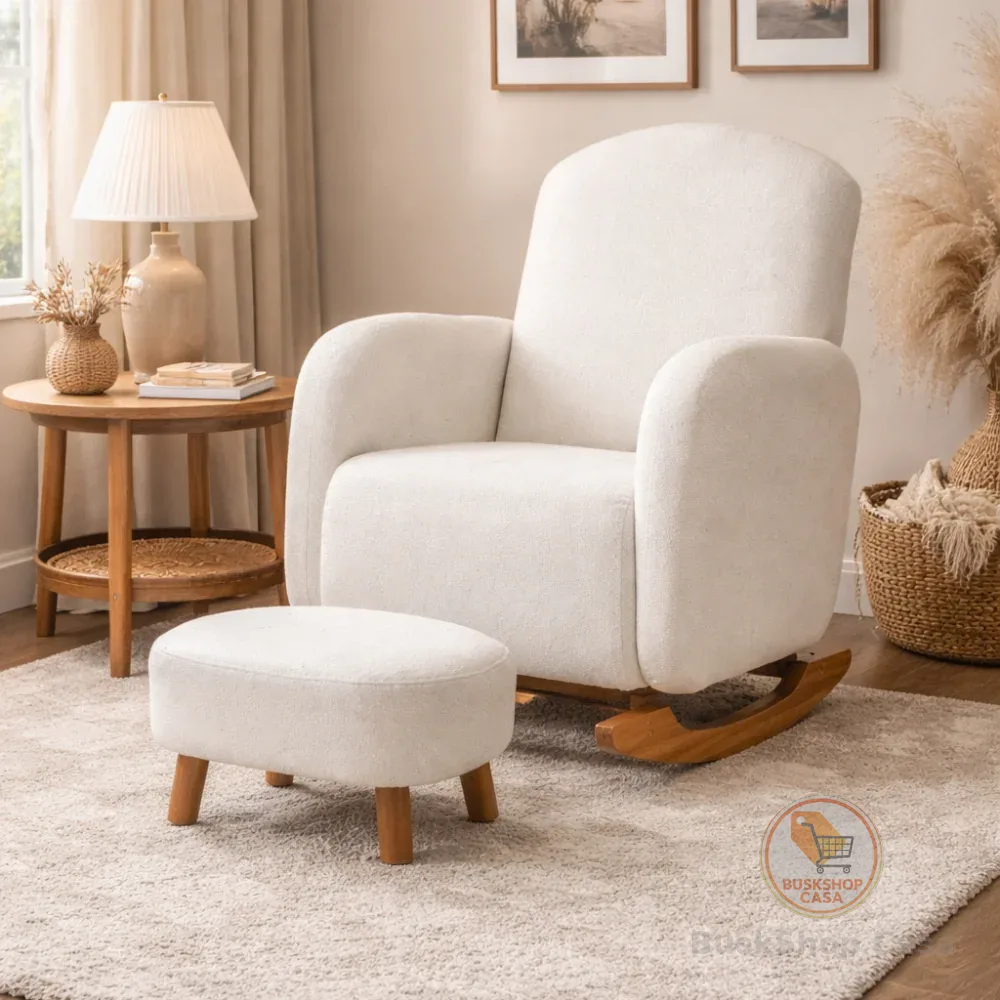 Poltrona Balanço Luxo Orgânica Boucle Bege ou Cinza com Puff para Sala Moderna