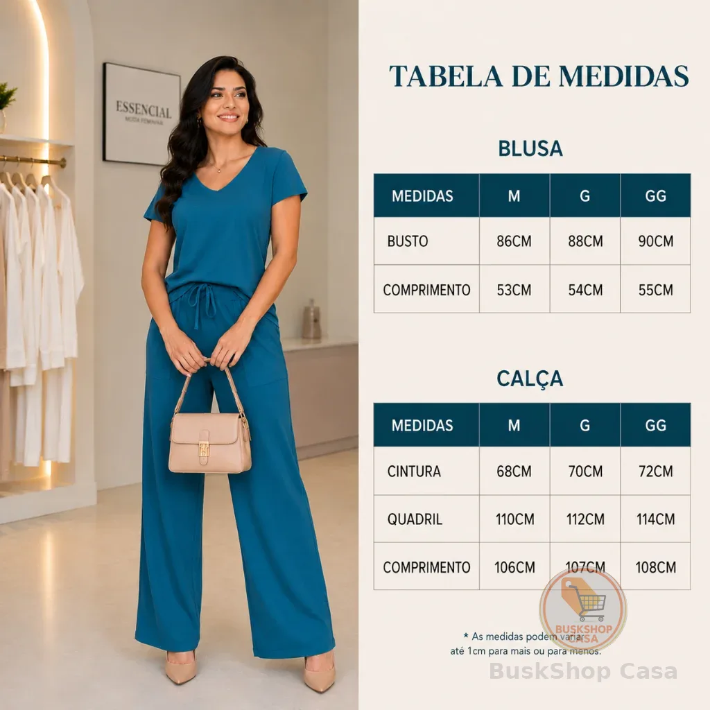 CONJUNTO VISCOLYCRA CALÇA PANTALONA E BLUSA GOLA V BÁSICA
